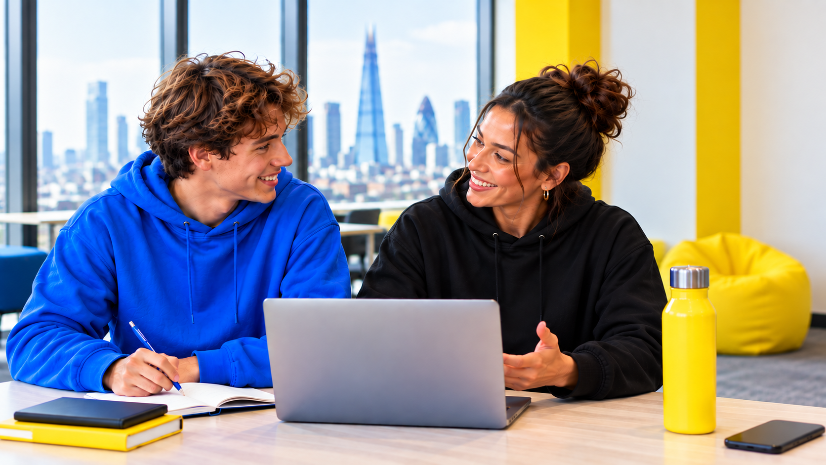 A student taking notes beside a mentor at a laptop, with a city skyline behind them